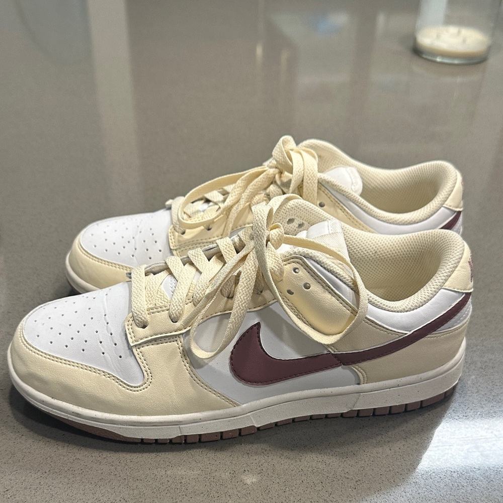 Nike cream and maroon low dunks